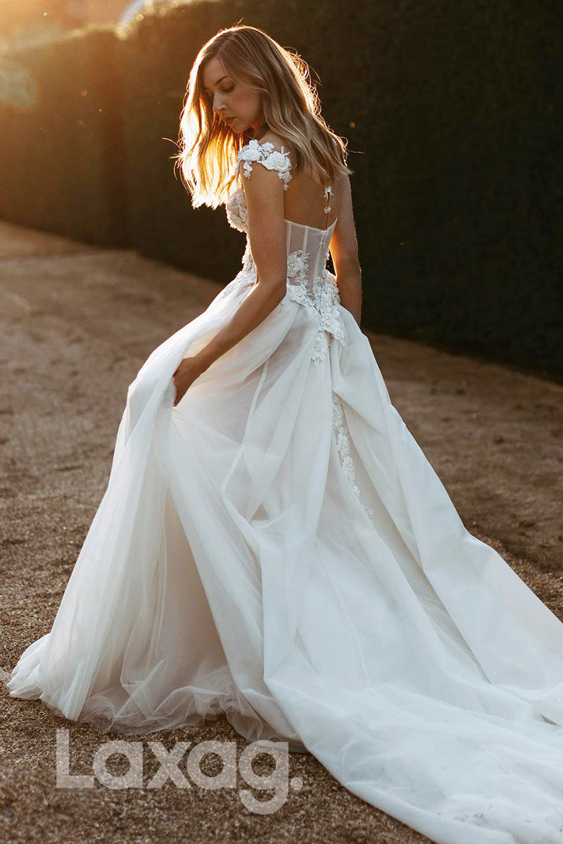 15523 - Appliqued Bone Bodice Boho Bridal Gown With Sweep Train