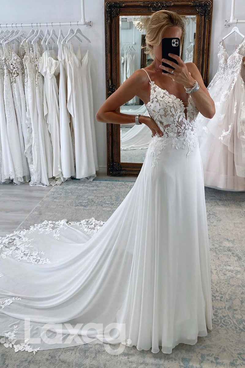 15536 - Spaghetti Plunging V Neck Appliques Lace A Line Bridal Gown