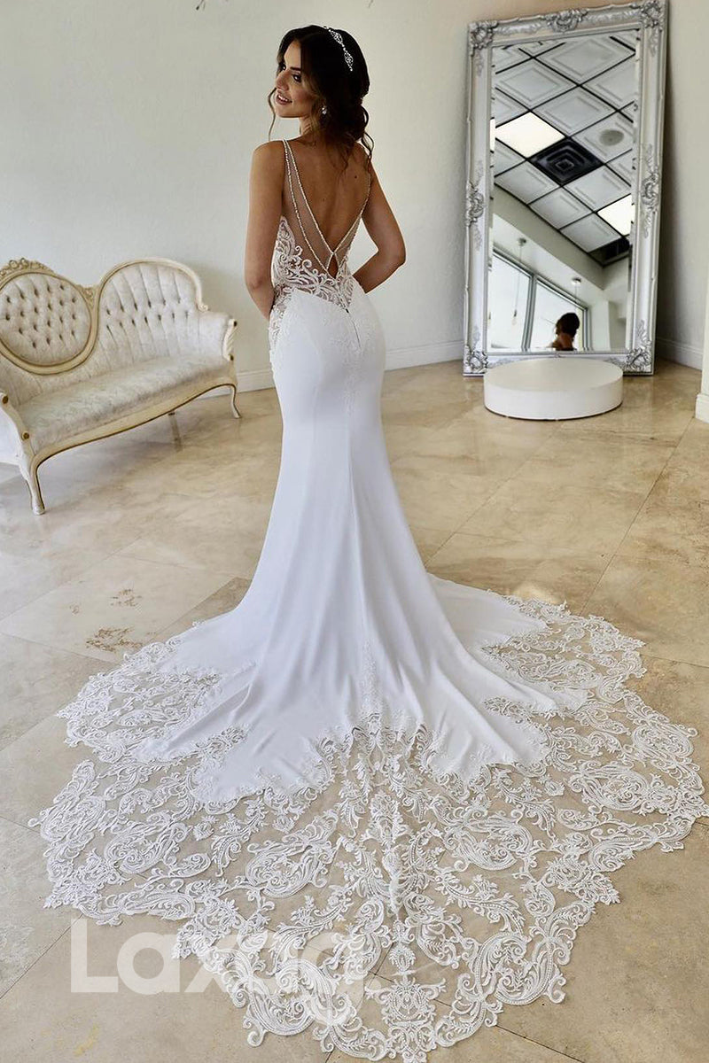 15539 - Spaghetti Lace Appliques Mermaid Bridal Wedding Gown