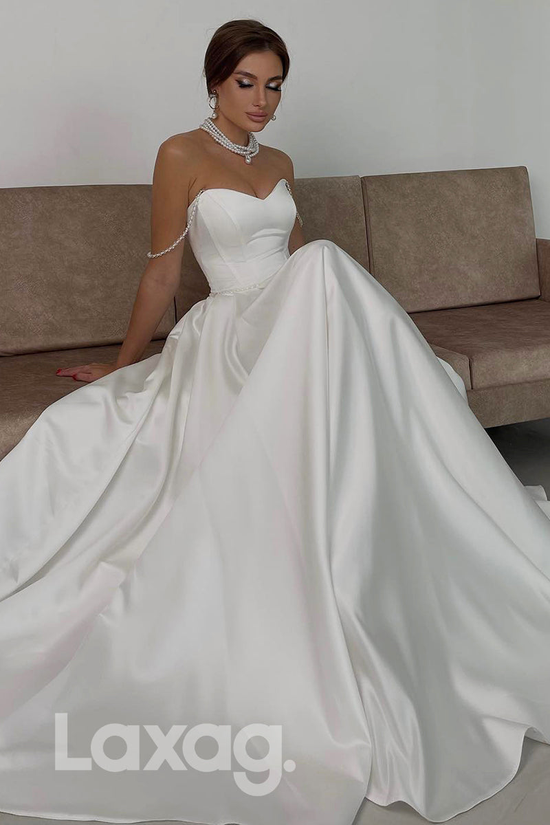 15542 - Pearls Spaghetti A Line Satin Bridal Wedding Gown