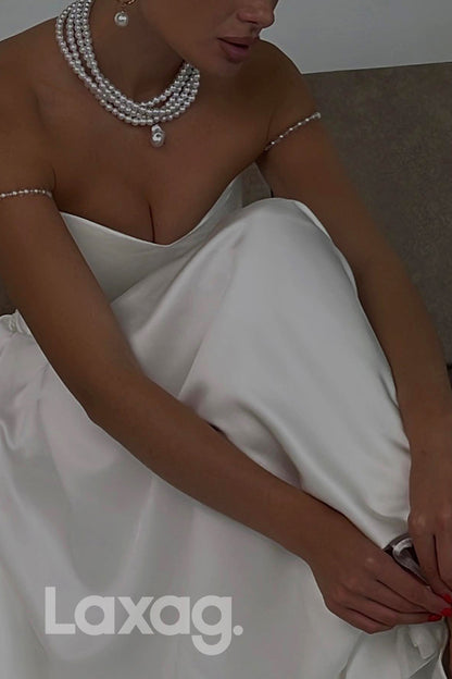 15542 - Pearls Spaghetti A Line Satin Bridal Wedding Gown