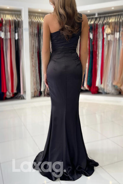 15709 - One Shoulder Front Slit Pleated Sheath Prom Gown