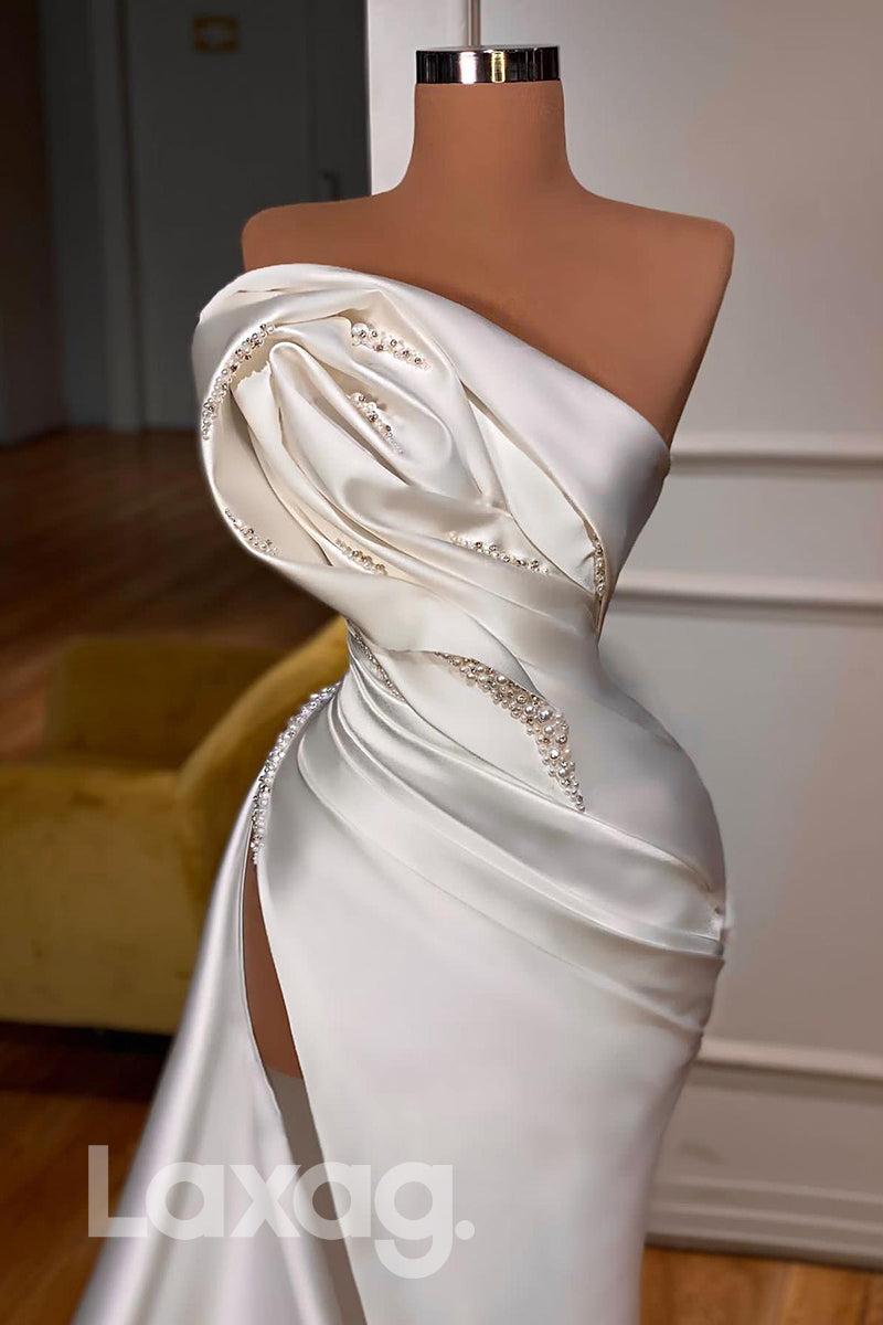 15778 - Sleeveless Strapless Pearls Beaded Pleated Slit Prom Dress