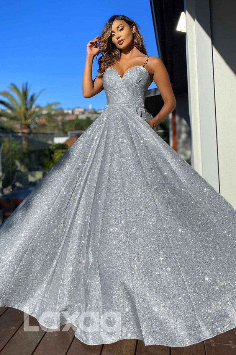 16760 - Spaghetti Sweetheart Glitter Long Formal Prom Dress