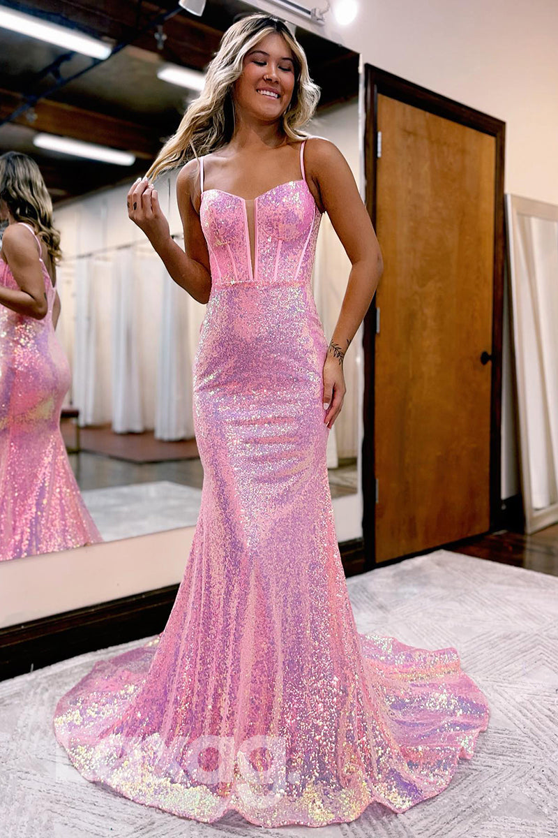 16768 - Spaghetti Sequined Prom Dress With Sweep Train