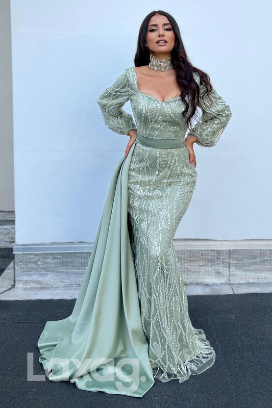 16772 - Mint Green Long Sleeves Sequin Party Prom Dress