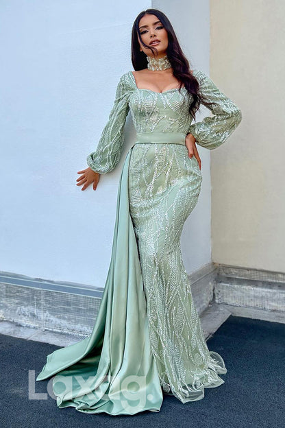 16772 - Mint Green Long Sleeves Sequin Party Prom Dress