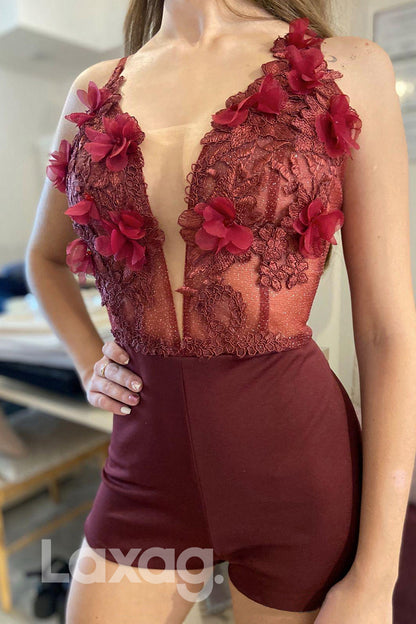 21748 - Plunging V-Neck 3D Appliques Burgundy Prom Dress with Detachable Skirt