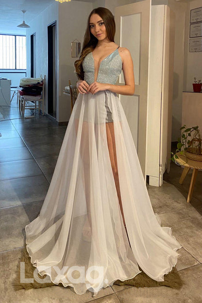 21754 - Attractive V-Neck Detachable Skirt Long Prom Dress