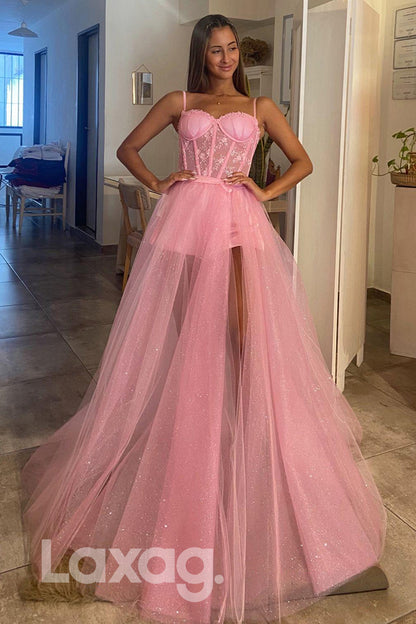 21759 - Spaghetti Straps Sweetheart Appliques Pink Prom Dress with Detachable Skirt