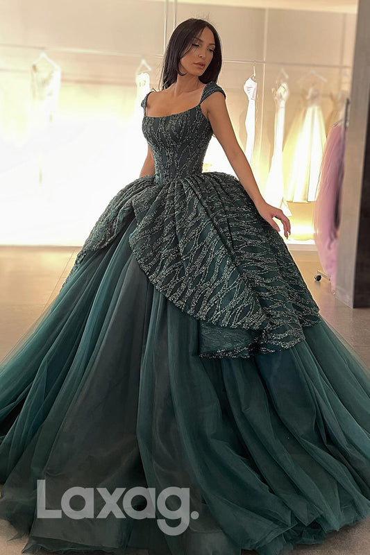 21783 - Dark Green Sequined Tulle Prom Dress