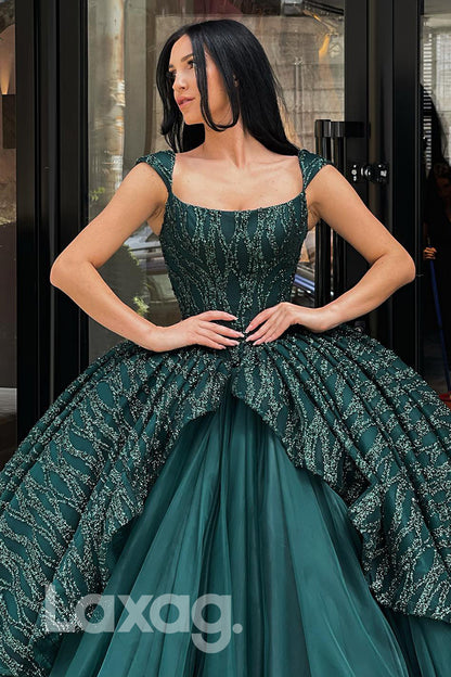 21783 - Dark Green Sequined Tulle Prom Dress