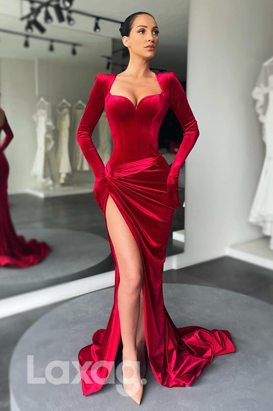 21786 - Red Long Sleeves Thigh Slit Velvet Prom Dress With Gloves