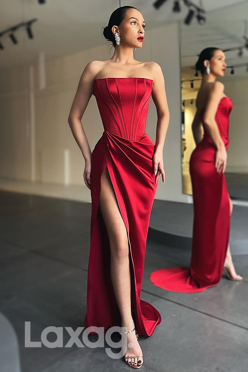 21789 - Strapless Thigh Slit Bone Bodice Red Prom Dress
