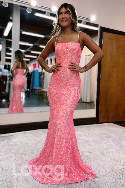 21795 - Spaghetti Pink Sequined Mermaid Prom Dress