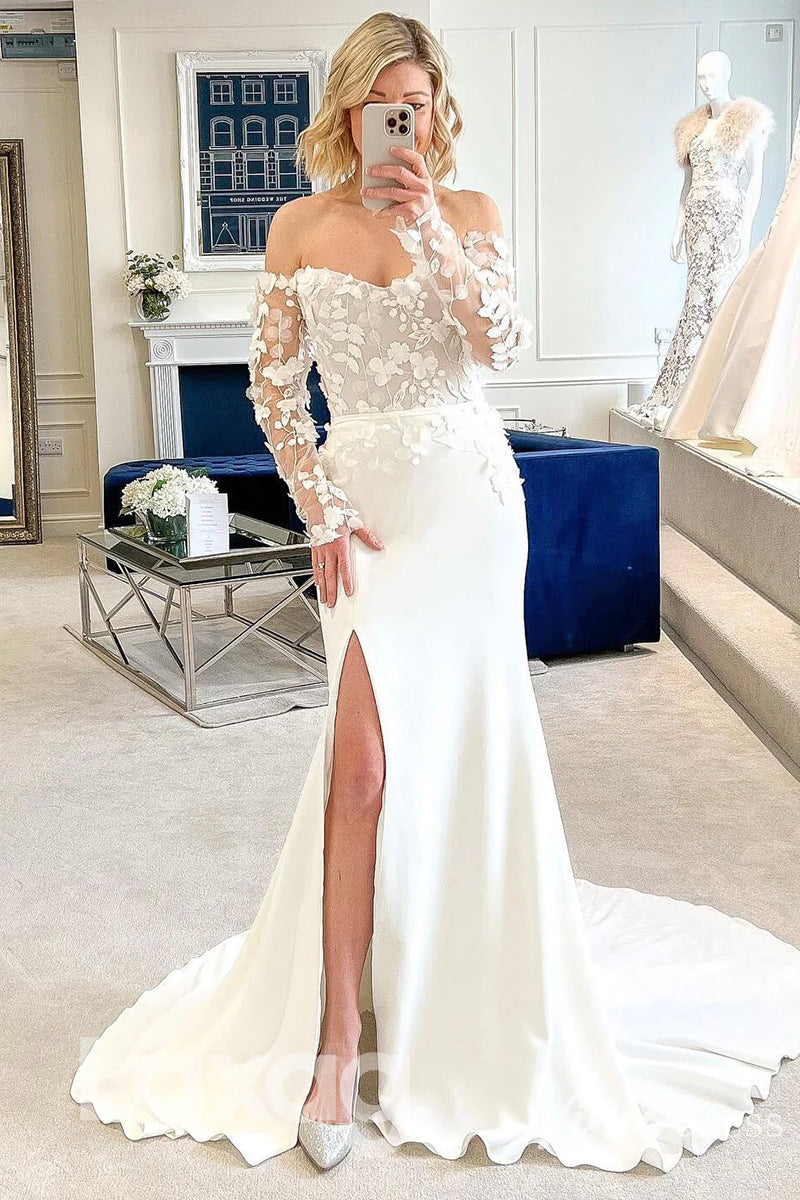 12584 - Long Sleeves Off Shoulder Lace Appliques Wedding Dress With High Slit