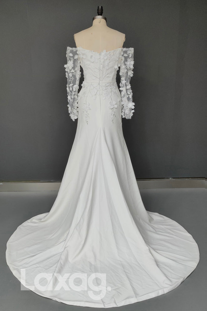 12584 - Long Sleeves Off Shoulder Lace Appliques Wedding Dress With High Slit
