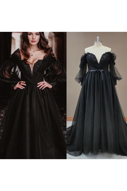 12587 - Plunging Illusion V-neck Long Sleeves Black Tulle Wedding Gowns