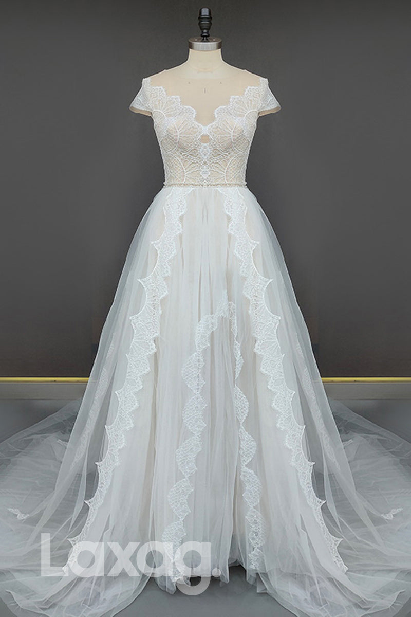 12589 - Illusion V-neck Appliques Lace A-line Wedding Dress With Sweep Train
