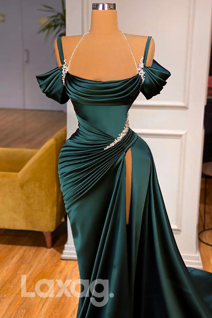 12716 - Dark Green Off Shoulder Crystal Split Prom Dresses