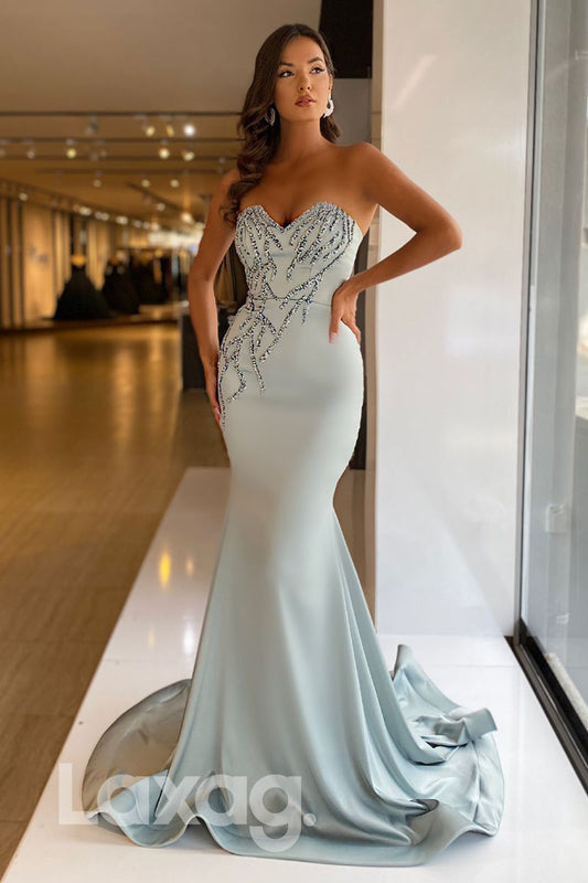 12733 - Beaded Sweetheart Strapless Mermaid Blue Prom Dress with Sweep Train