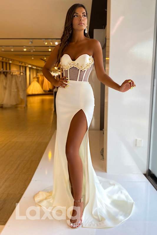 12739 - Floral Embellished Sleeveless White Long Prom Evening Dress with Slit