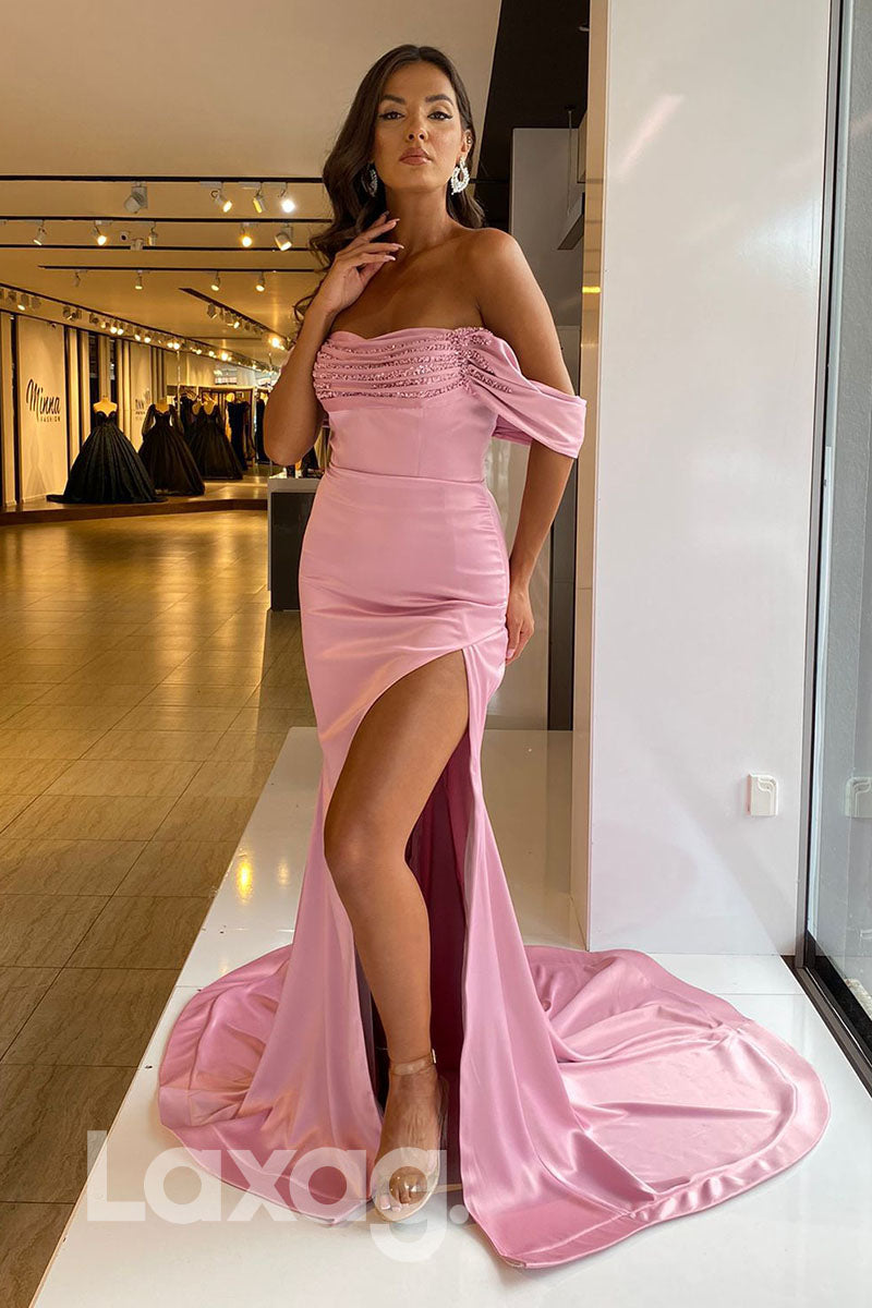 12753 - Off Shoulder Sleeveless Ruched Sequined Evening Pink Mermaid Dress with Slit