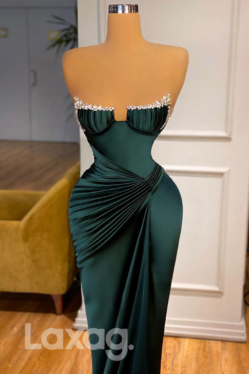12762 - Strapless Beaded Pleated Dark Green Mermaid Prom Dress