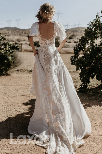 13510 - V Neckline Backless Lace Chiffon Bohemian Wedding Dress