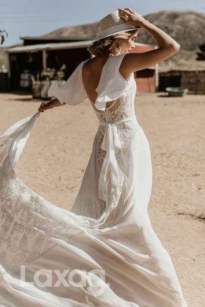 13510 - V Neckline Backless Lace Chiffon Bohemian Wedding Dress