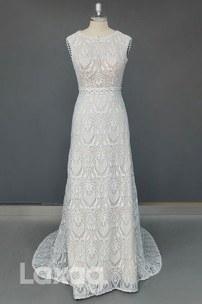 13524 - Scoop Neck Lace Appliques Sheath Bohemian Wedding Dress