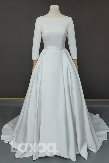 13528 - Bateau Neck Long Sleeve Satin Backless Wedding Dress With Sweep Train