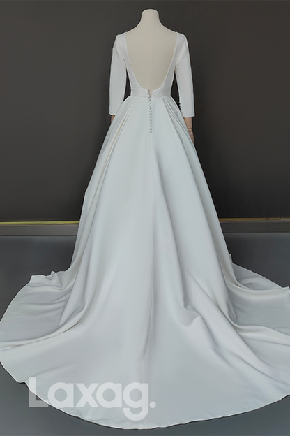 13528 - Bateau Neck Long Sleeve Satin Backless Wedding Dress With Sweep Train