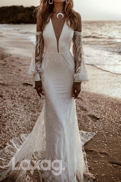 13535 - Plunging V-neck Lace Dress Mermaid Wedding Gown With Sleeves