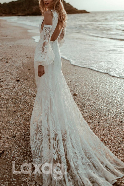13535 - Plunging V-neck Lace Dress Mermaid Wedding Gown With Sleeves