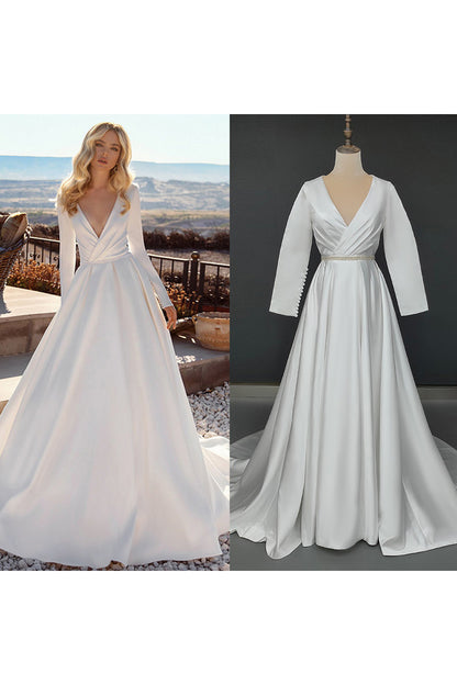 13538 - Plunging V-neck Satin A-line Wedding Dress