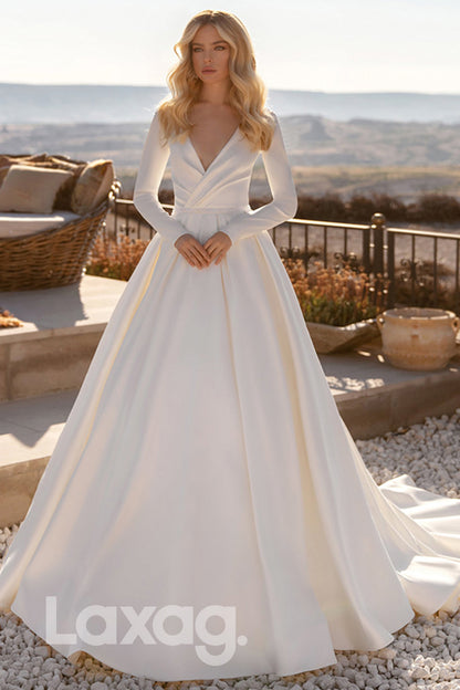 13538 - Plunging V-neck Satin A-line Wedding Dress