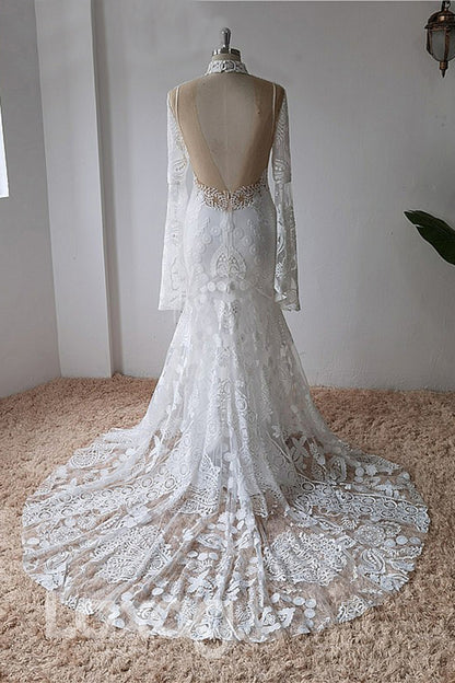 13546 - High Neck Illusion Long Sleeves Lace Mermaid Wedding Gown