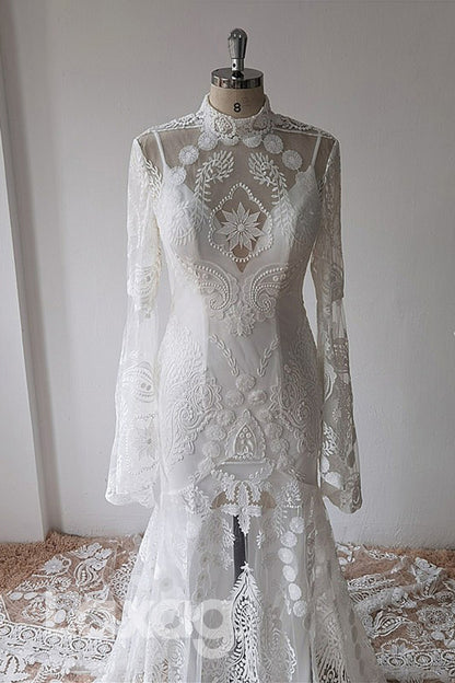 13546 - High Neck Illusion Long Sleeves Lace Mermaid Wedding Gown