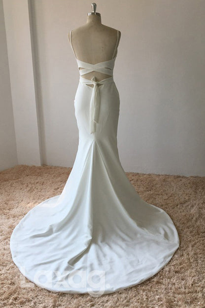 13547 - Spaghetti Sleeveless Satin Mermaid Wedding Dress With Slit