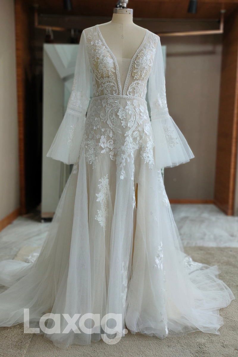 13559 - Plunging V-neck Ivory Long Sleeves Lace Wedding Dress