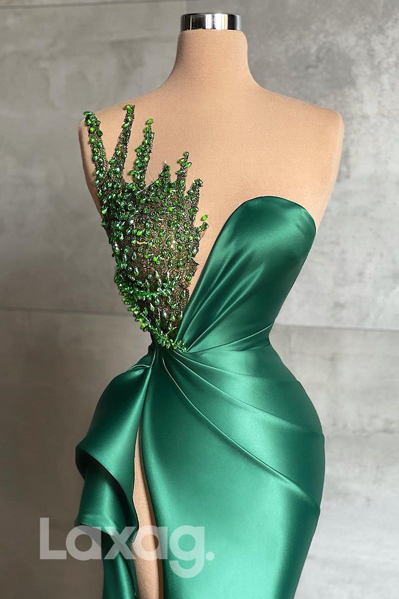 13712 - Beaded High Split Pleated Green Prom Evening Dress