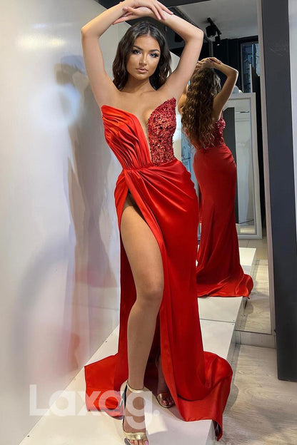 13733 - Embellished Pleated Strapless High Slit Beaded Red Prom Dress