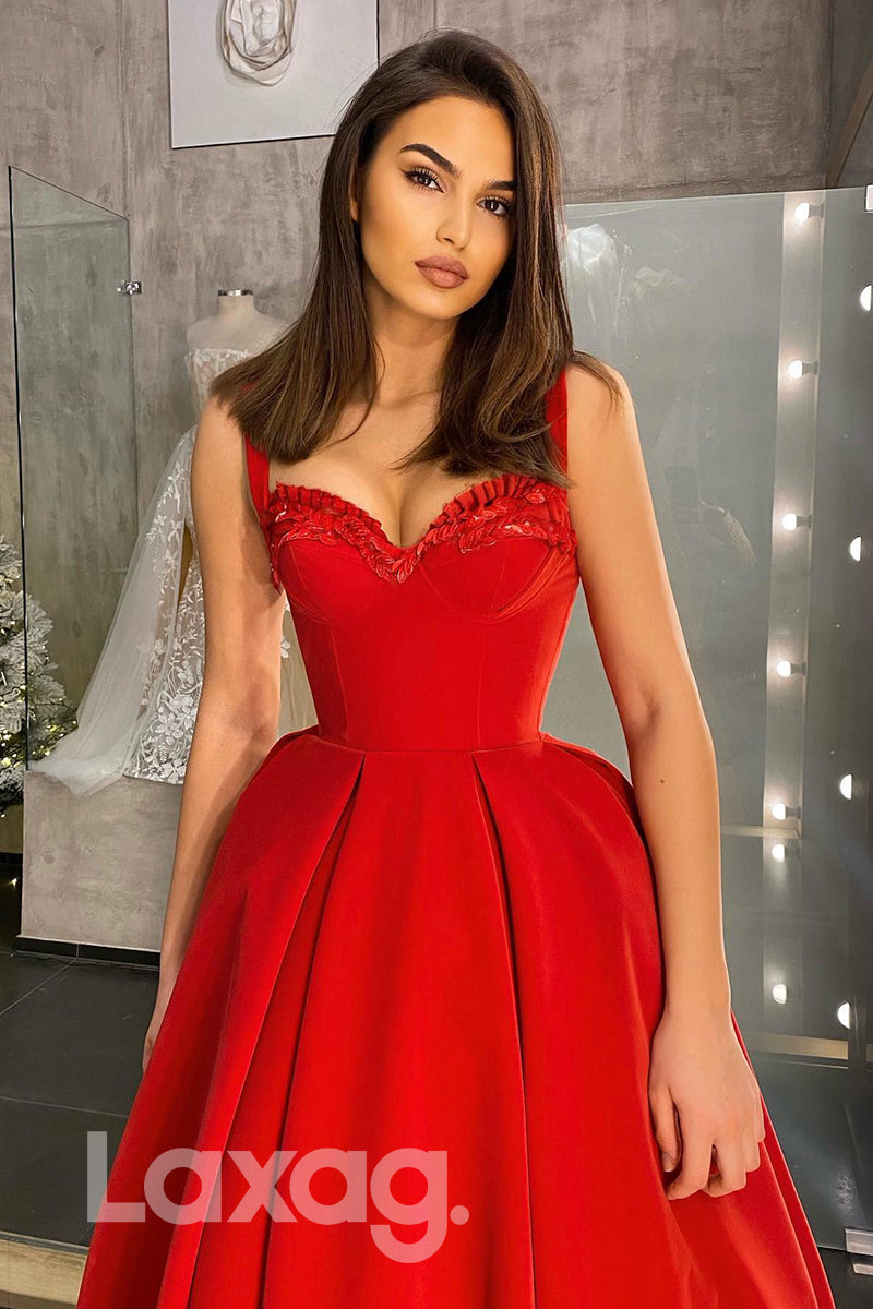 13758 - Embellished Tiered Skirt Straps Sweetheart Red A-Line Dress