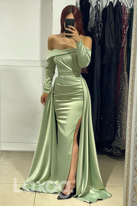 14781 - Off Shoulder Long Sleeves Backless Evening Gown With Overskirt