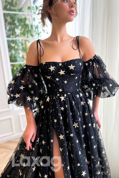 16717 -  Spaghetti Straps Thigh Slit Sequined Star Prom Dress