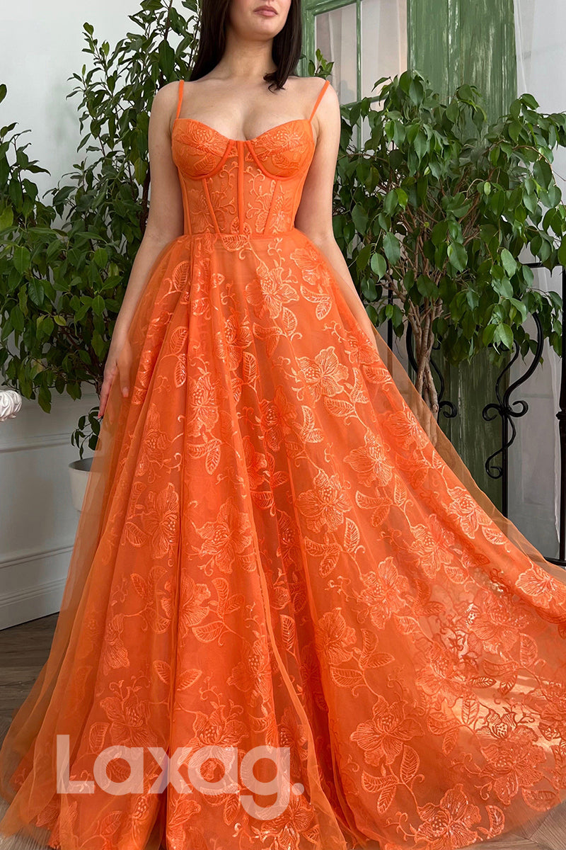 16728 - Spaghetti Straps Orange Floral Lace Formal Dress