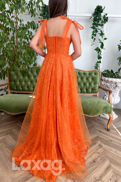 16729 - Orange Lace Bone Bodice Thigh Slit A-line Formal Dress