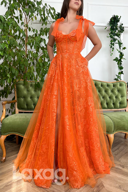 16729 - Orange Lace Bone Bodice Thigh Slit A-line Formal Dress