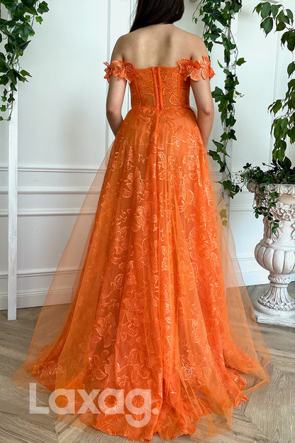 16730 - Off Shoulder Floral Appliqued Thigh Slit Lace Formal Dress